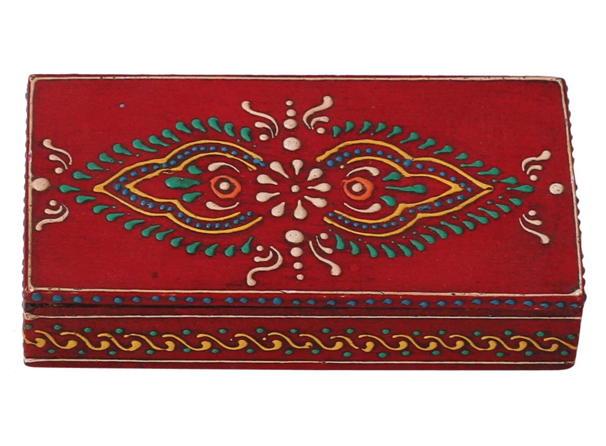 Wholesale 4x2” Rectangular Shaped Wooden Red Jewelry Box in Bulk - Source Handmade Keepsake Box/Trinket Box Decorated with Cone - Painting Art in Bright Colors from India