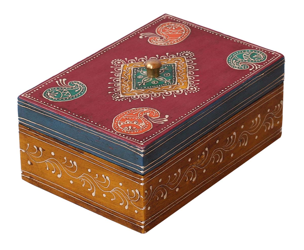 Source 5x7” Trunk Shaped Wooden Jewelry Box in Bulk - Wholesale Handmade Keepsake Box/Trinket Box in Red & Rust Color Decorated with Cone - Painting Art in Bright Colors & a Metal Knob - Ethnic-Look Boxes from India