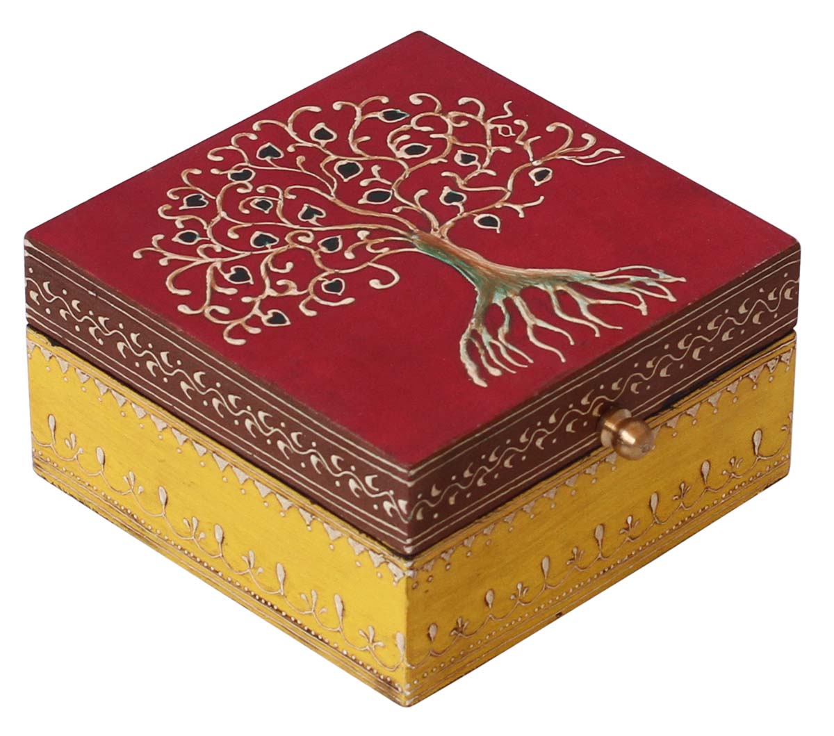 Wholesale 5x5” Square Shaped Wooden Jewelry Box in Bulk - Source Handmade Keepsake Box/Trinket Box in Red & Yellow Color Decorated with Cone - Painting Art in Bright Colors & a Metal Knob from India