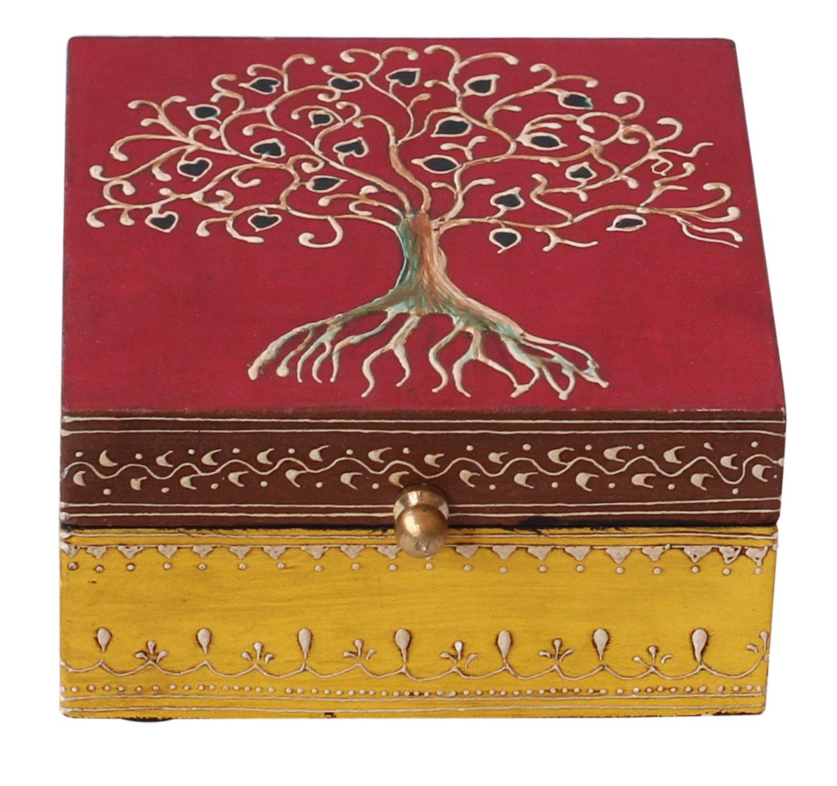 Wholesale 5x5” Square Shaped Wooden Jewelry Box in Bulk - Source Handmade Keepsake Box/Trinket Box in Red & Yellow Color Decorated with Cone - Painting Art in Bright Colors & a Metal Knob from India