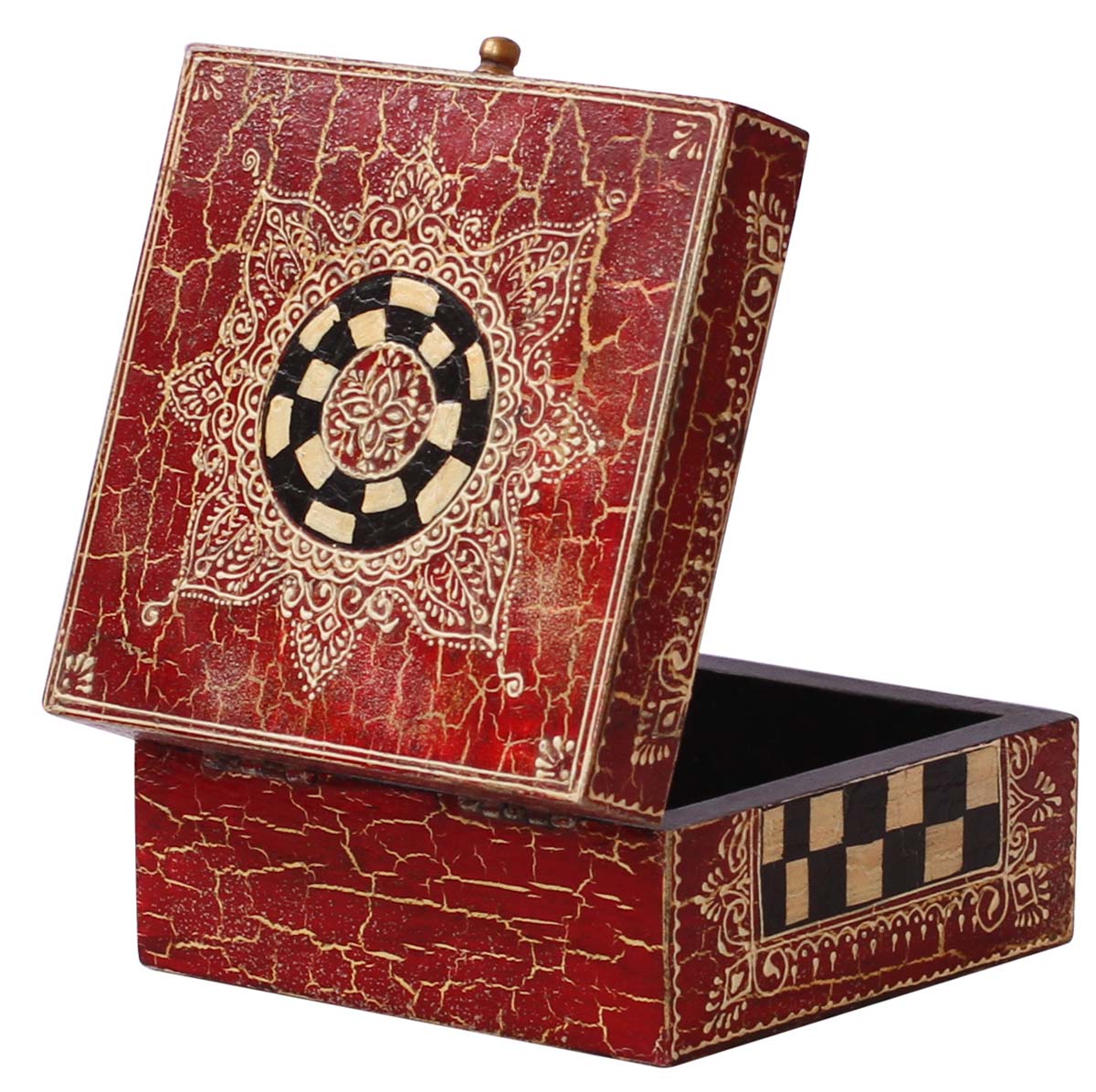 Wholesale Wooden Red Jewelry Box - Bulk Buy 5.5 Inch Wood Jewelry Box/Trinket Box Decorated with Check Patterns, Traditional-Look Motifs, Crackled-Effects - Handmade Gifts from India