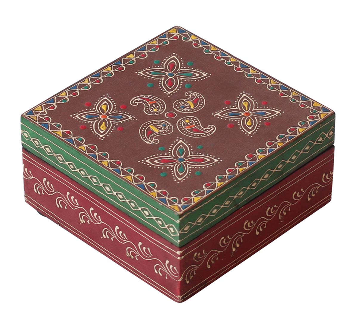 Wholesale 5x5” Square Shaped Wooden Jewelry Box in Bulk - Source Handmade Wood Keepsake Box/Trinket Box in Red & Brown Color Decorated with Cone - Painting Art in Bright Colors from India