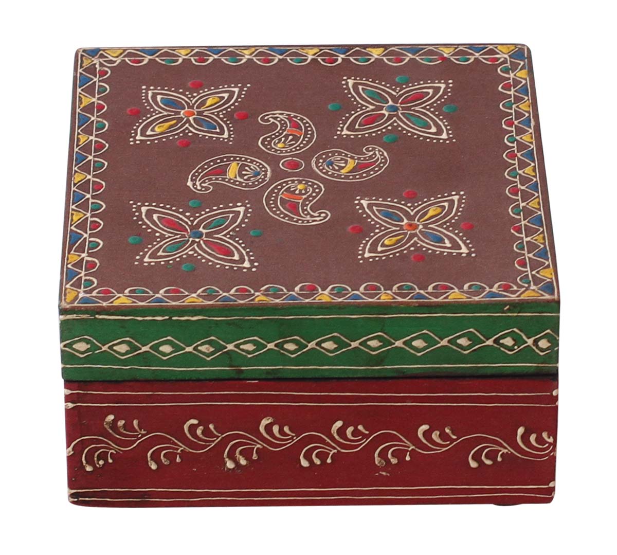 Wholesale 5x5” Square Shaped Wooden Jewelry Box in Bulk - Source Handmade Wood Keepsake Box/Trinket Box in Red & Brown Color Decorated with Cone - Painting Art in Bright Colors from India