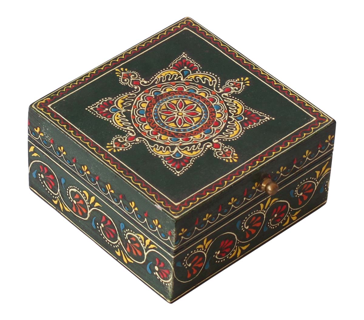 5” Square Shaped Wooden Jewelry Box in Bulk - Wholesale Handmade Wood Keepsake Box/Trinket Box in Dark-Green Color Decorated with Cone-Painting Art in Bright Colors from India