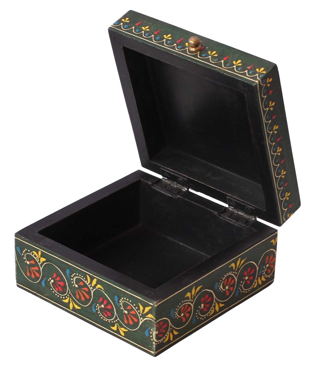 5” Square Shaped Wooden Jewelry Box in Bulk - Wholesale Handmade Wood Keepsake Box/Trinket Box in Dark-Green Color Decorated with Cone-Painting Art in Bright Colors from India