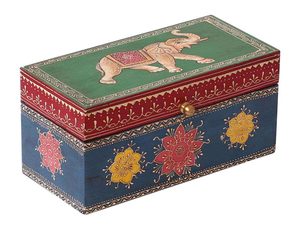 Source 8x4” Wood Jewelry Box in Bulk - wholesale Handmade Keepsake Box/Trinket Box in Red, Blue, Green Color Decorated with Cone-Painting Art of Elephant in Bright Colors from India