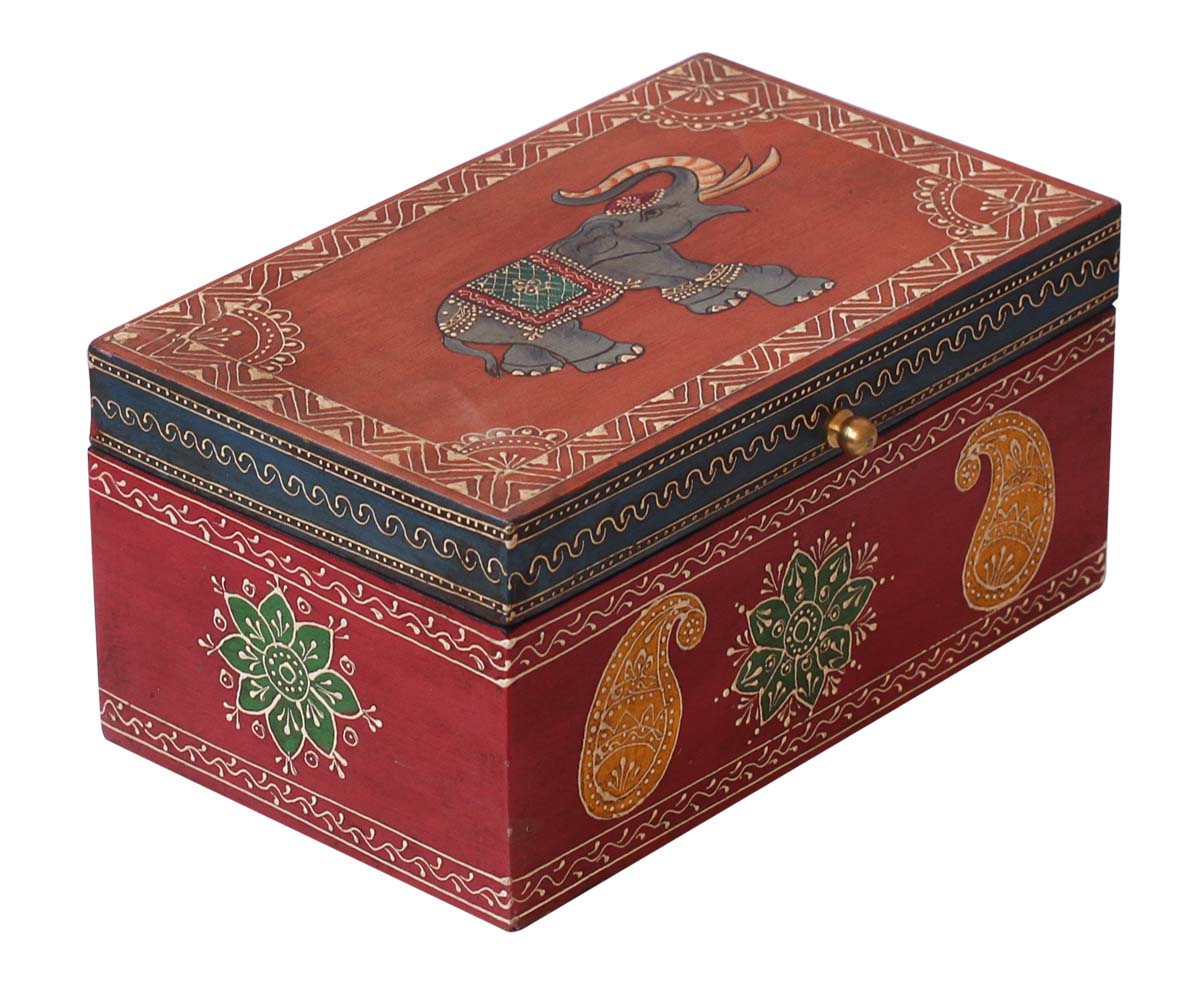 Wholesale 9x5” Wood Jewelry Box in Bulk - Source Handmade Keepsake Box/Trinket Box in Red & Orange Color Decorated with Cone-Painting Art of Elephant in Bright Colors from India
