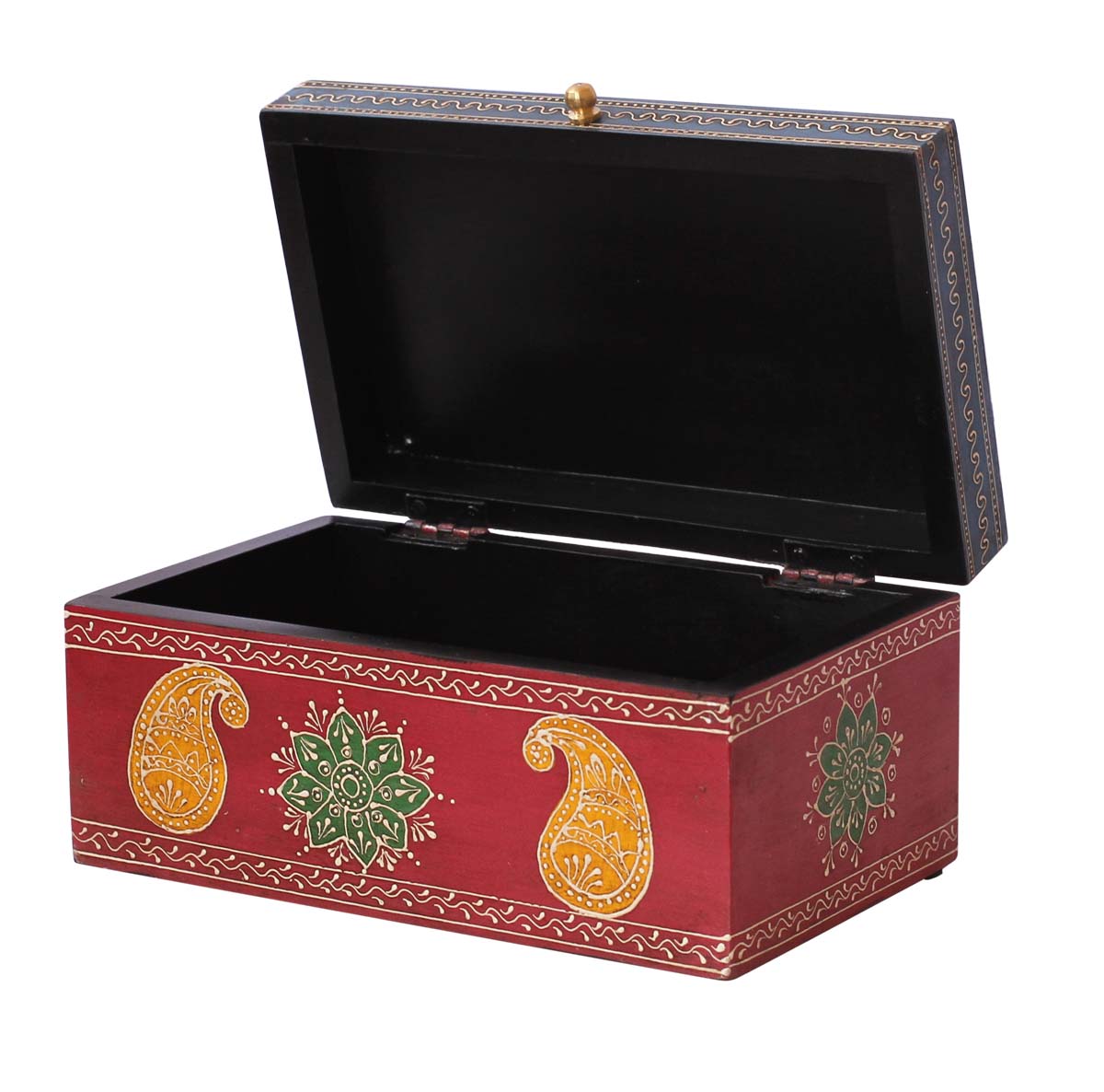 Wholesale 9x5” Wood Jewelry Box in Bulk - Source Handmade Keepsake Box/Trinket Box in Red & Orange Color Decorated with Cone-Painting Art of Elephant in Bright Colors from India