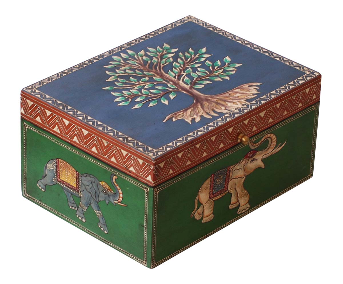 Wholesale 10x7.5” Wooden Jewelry Box in Bulk - Source Handmade Rectangular Wood Keepsake Box/Trinket Box in Blue, Orange & Green Color Decorated with Cone - Painting Art of Elephants & Trees in Bright Colors from India