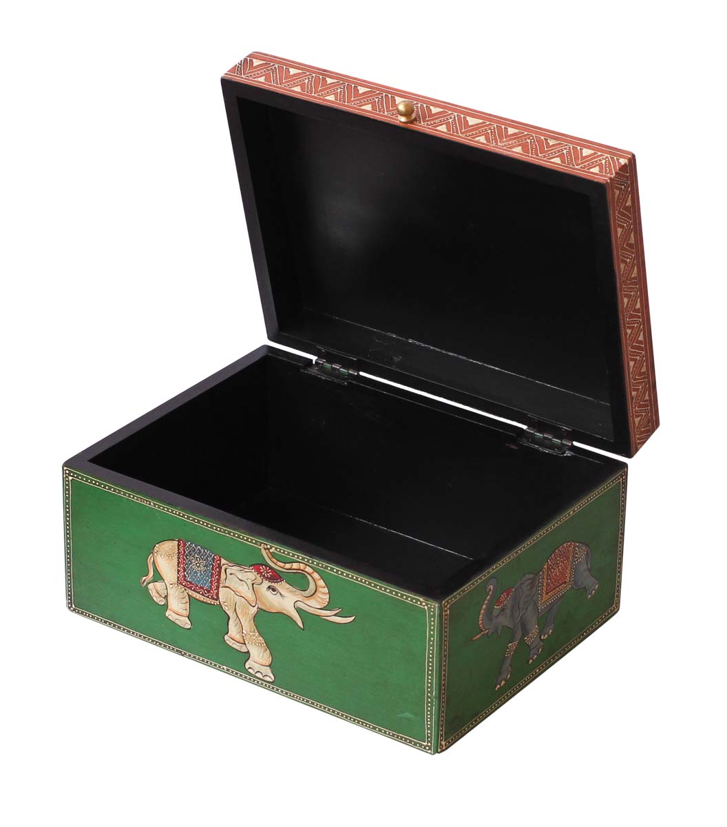 Wholesale 10x7.5” Wooden Jewelry Box in Bulk - Source Handmade Rectangular Wood Keepsake Box/Trinket Box in Blue, Orange & Green Color Decorated with Cone - Painting Art of Elephants & Trees in Bright Colors from India
