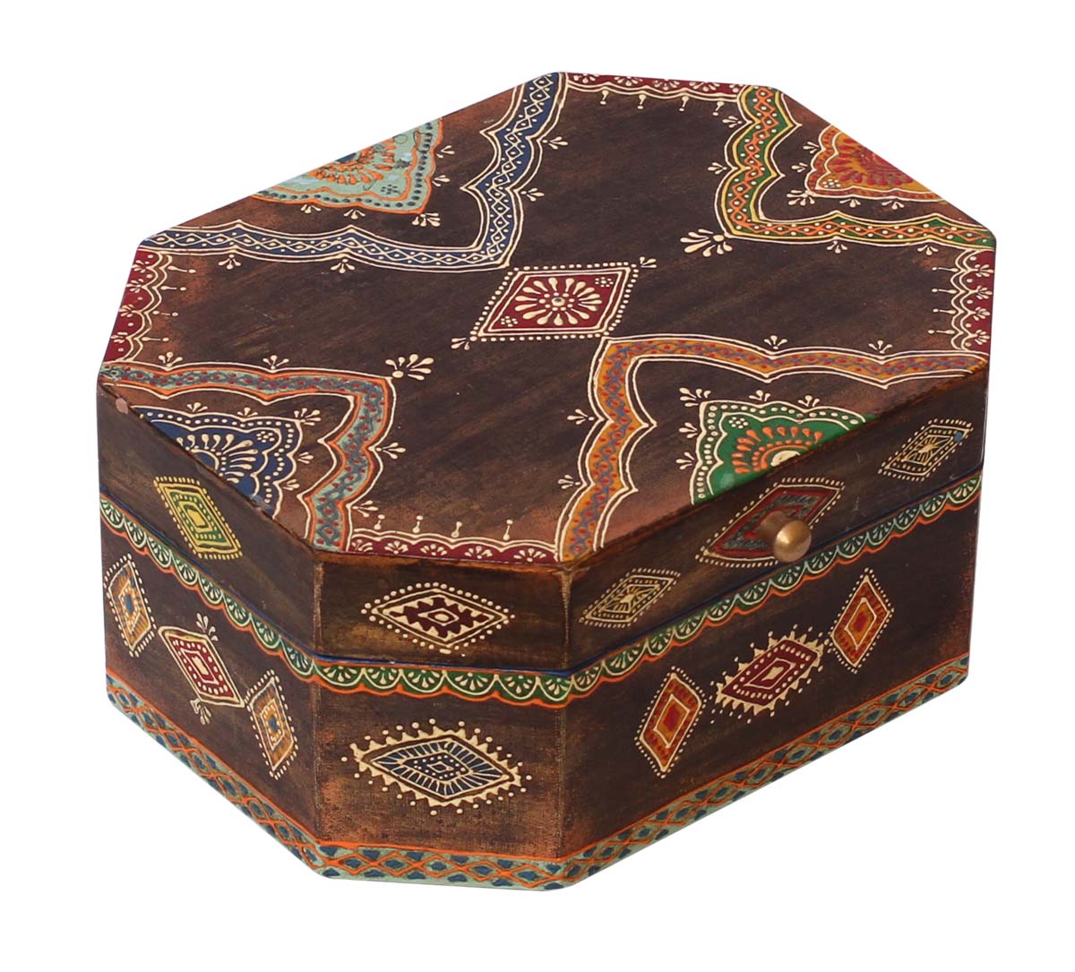 Bulk Source Octagonal-Shaped 10x8” Wooden Jewelry Box - Wholesale Handmade Wood Keepsake Box/Trinket Box in Natural-Wood Color Decorated with Cone - Painting Art in Bright Colors & a Metal Knob from India