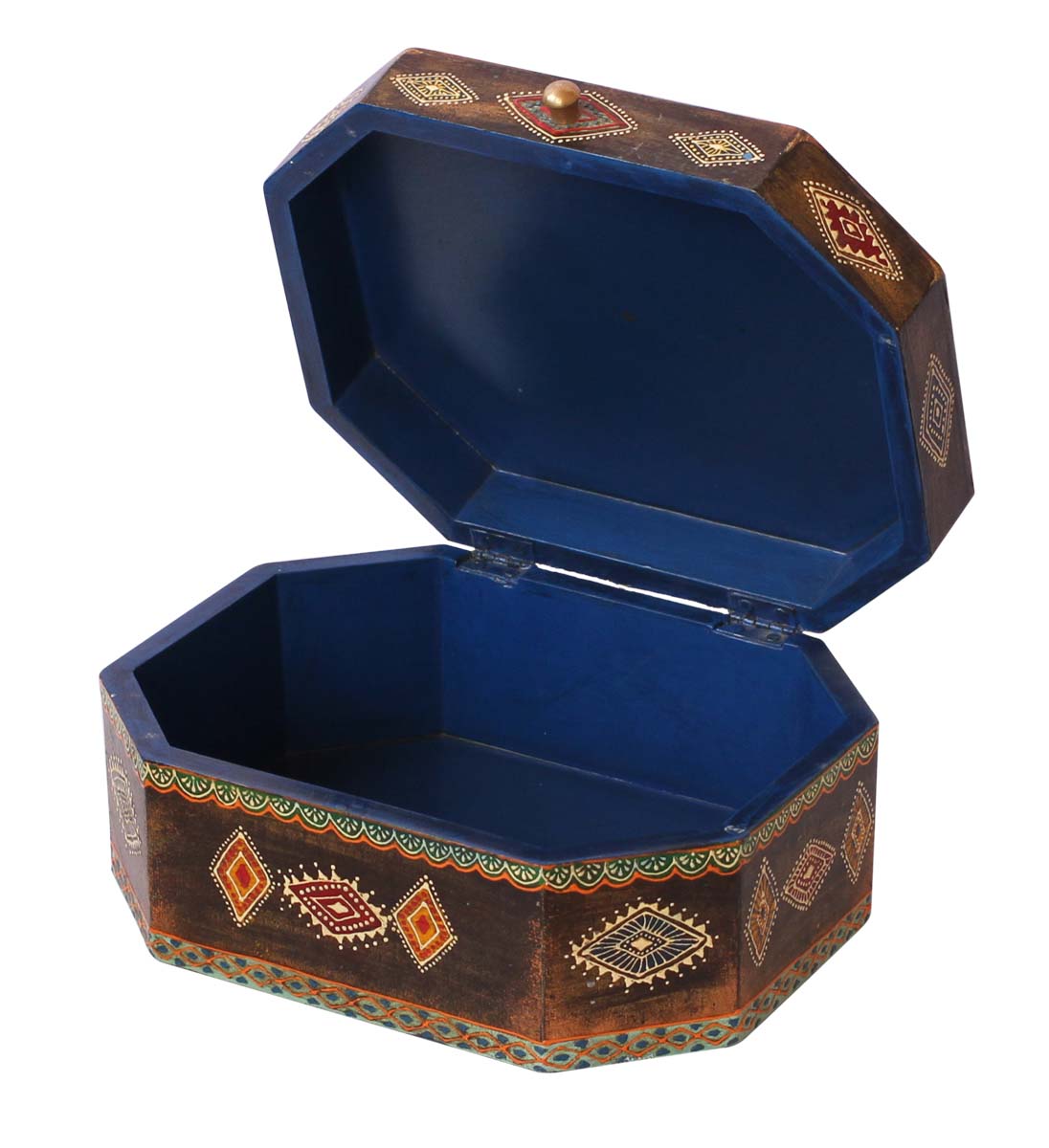 Bulk Source Octagonal-Shaped 10x8” Wooden Jewelry Box - Wholesale Handmade Wood Keepsake Box/Trinket Box in Natural-Wood Color Decorated with Cone - Painting Art in Bright Colors & a Metal Knob from India