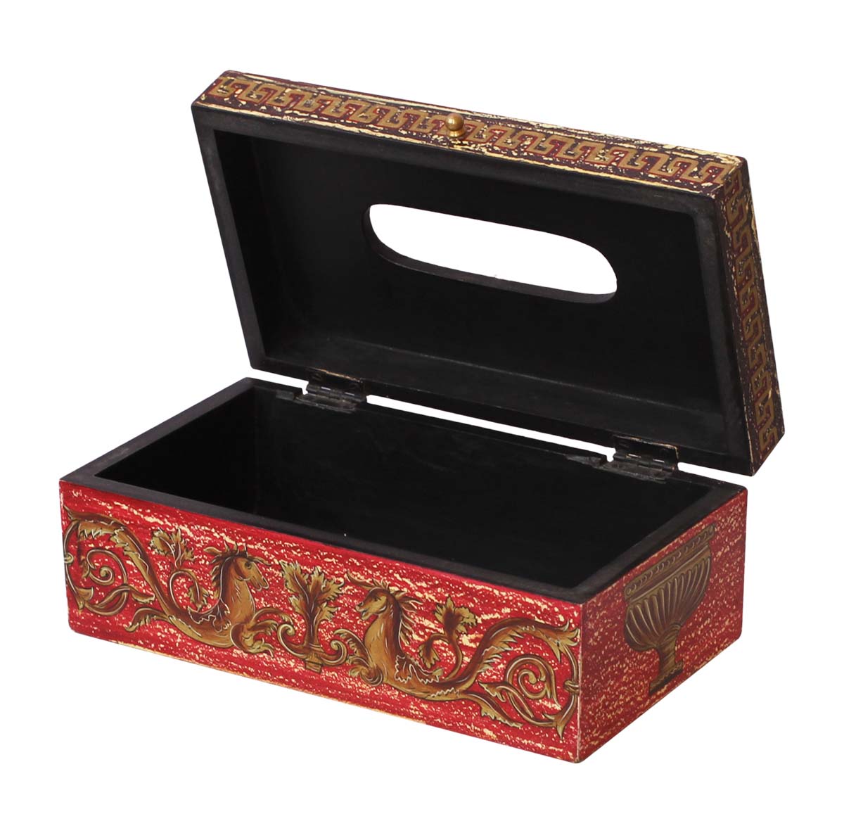 Bulk Wholesale Wooden Red & Blue Tissue Holder Box Painted in Old-Indian Style Motifs - 10" Handmade Distressed-Look Dining Accessories/Home Decor from India