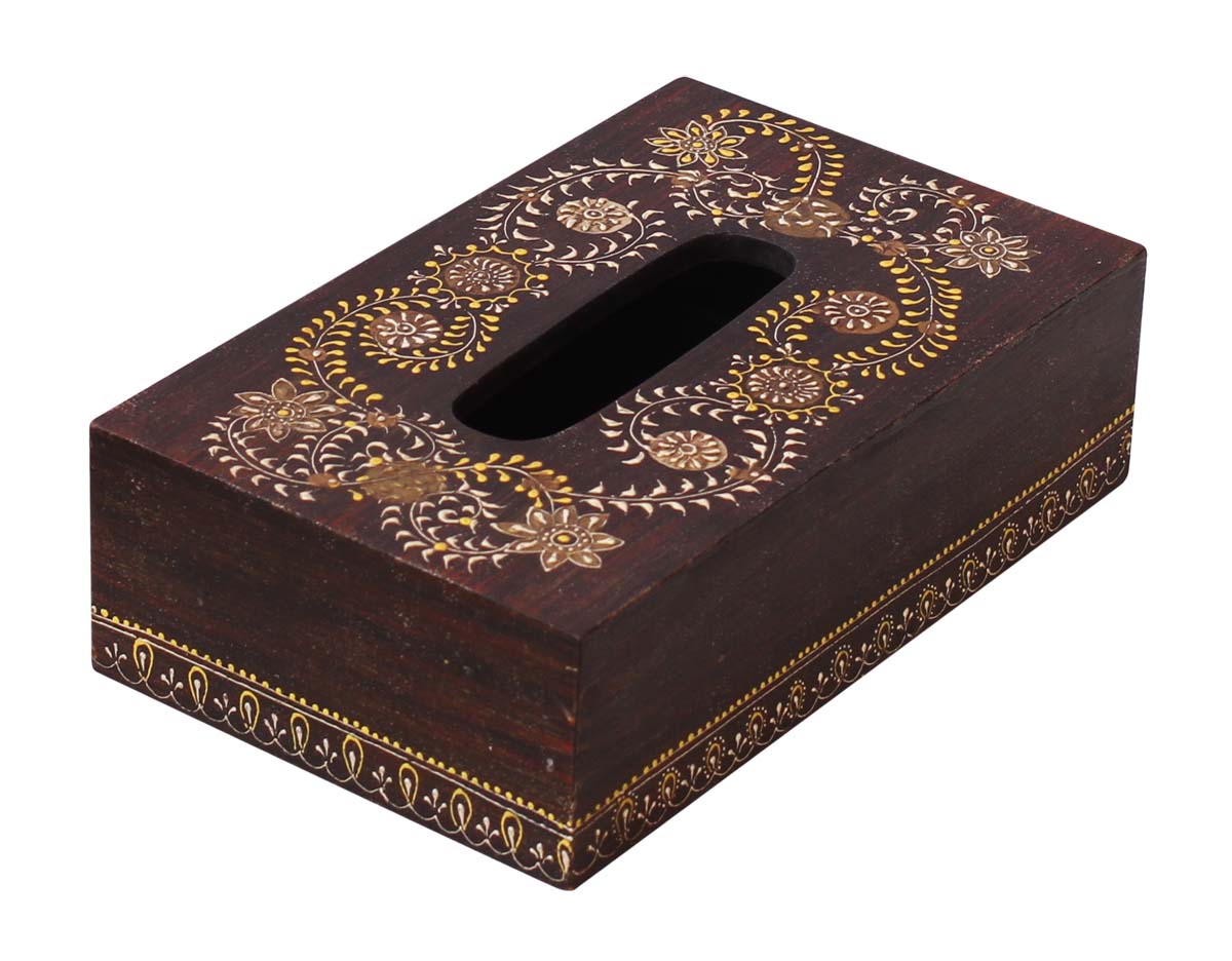 Bulk Wholesale 10" Wooden Brown Tissue Holder Box Painted in Old-Indian Style Motifs in Bright Colors - Antique-Look Dining Accessories/Home Decor from India