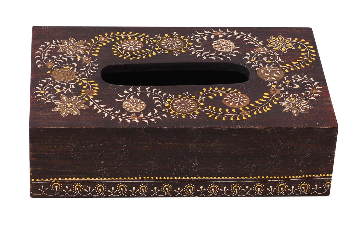 Bulk Wholesale 10" Wooden Brown Tissue Holder Box Painted in Old-Indian Style Motifs in Bright Colors - Antique-Look Dining Accessories/Home Decor from India