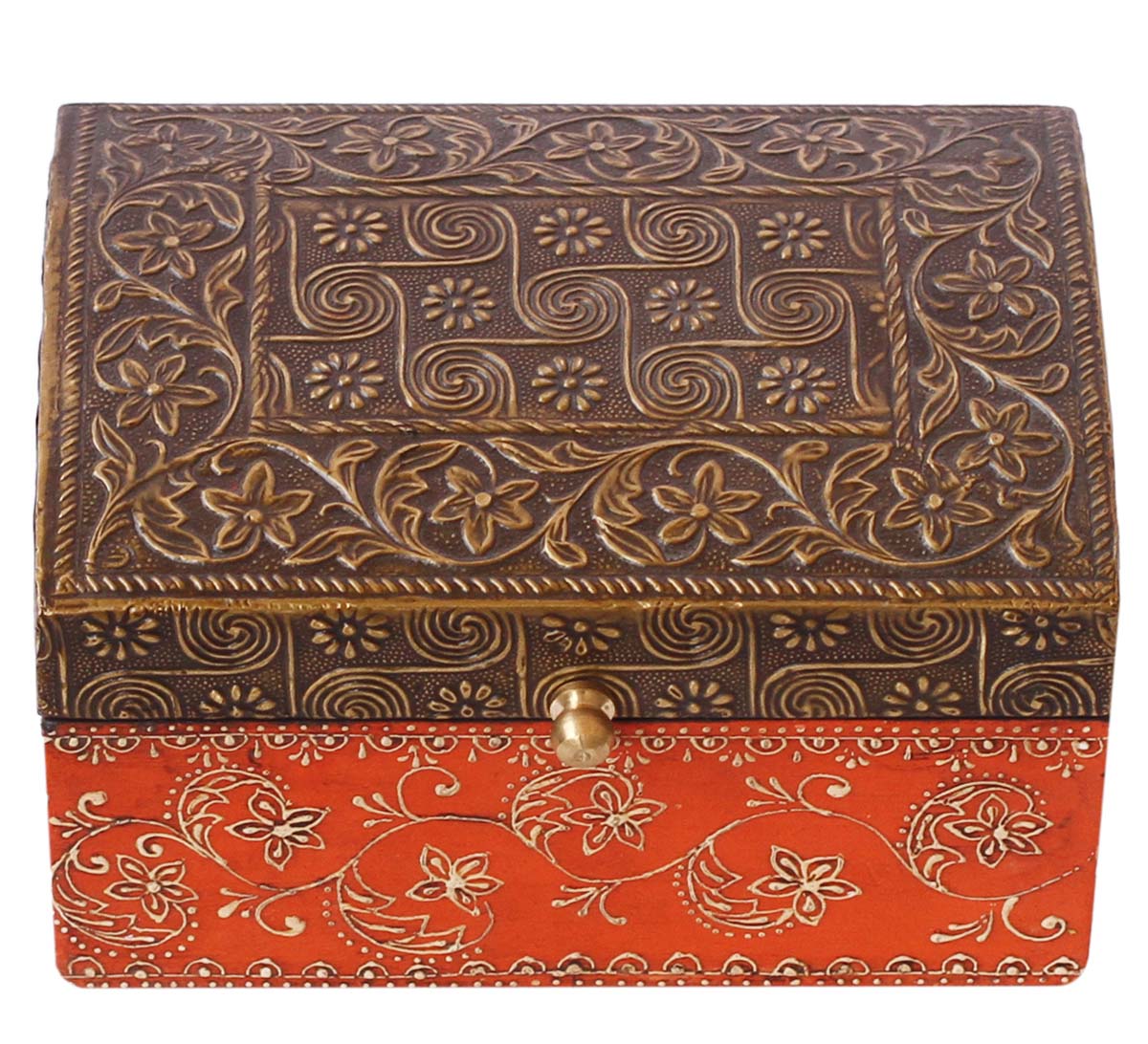 Wholesale Wooden Jewelry Box - Bulk Buy Handmade Wood Decorative Floral Motifs Keepsake Box/Trinket Box - Hand Painted Orange Cone Painting Art & Antique Look Golden-Tone Embossed Brass Sheet On Lid