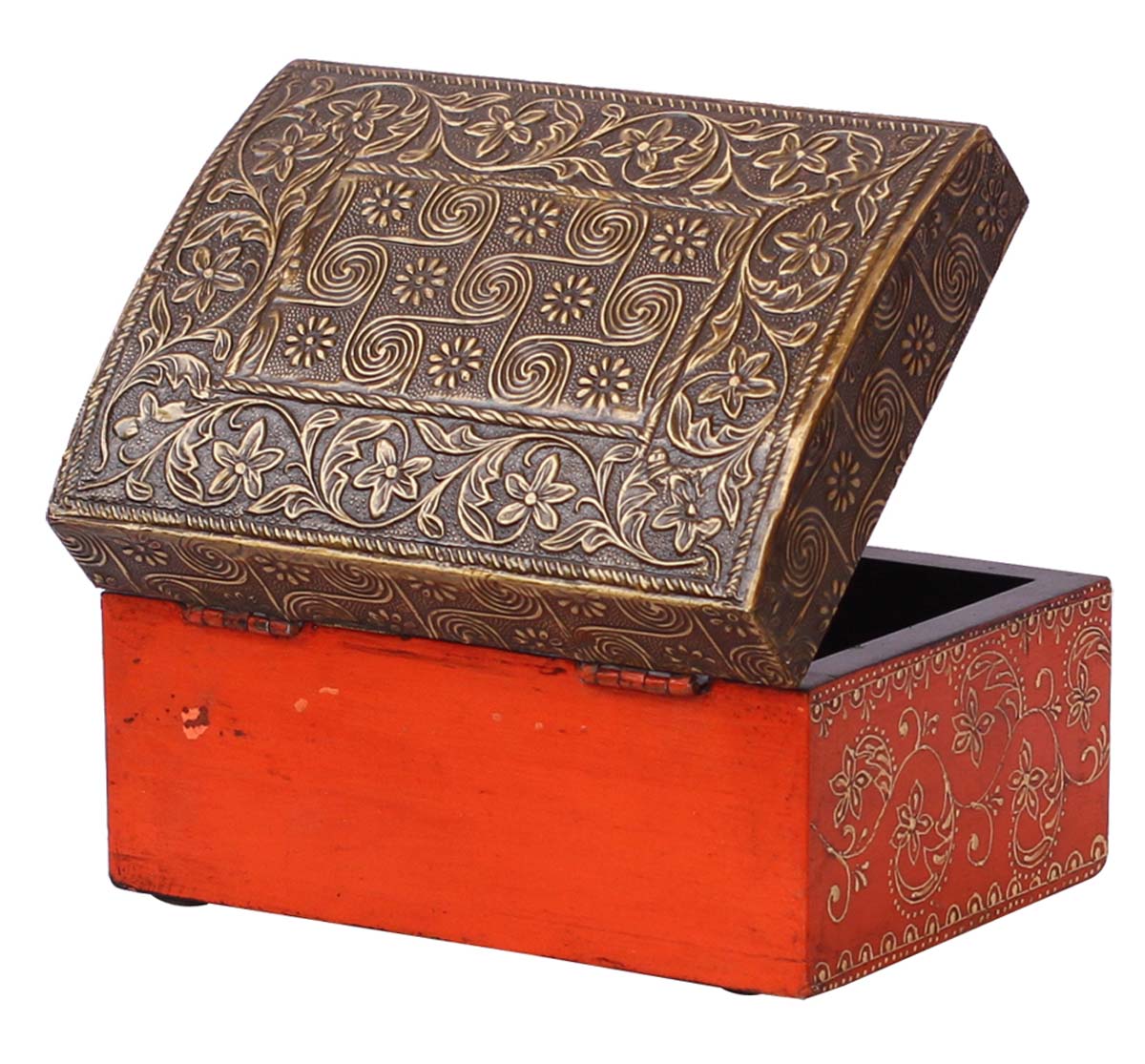 Wholesale Wooden Jewelry Box - Bulk Buy Handmade Wood Decorative Floral Motifs Keepsake Box/Trinket Box - Hand Painted Orange Cone Painting Art & Antique Look Golden-Tone Embossed Brass Sheet On Lid