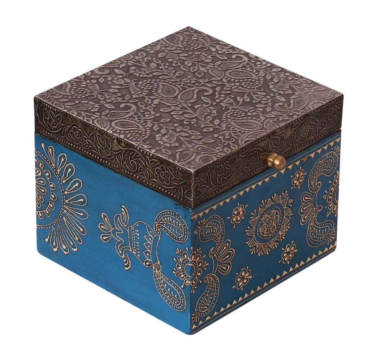 Wooden Jewelry Box in Bulk - Wholesale 6” Square Handmade Wood Burnish-Silver & Blue Colored Keepsake Box/Trinket Box Enhanced with Brass Sheet Old-World Motif Embossing and Cone-Painting Art from India