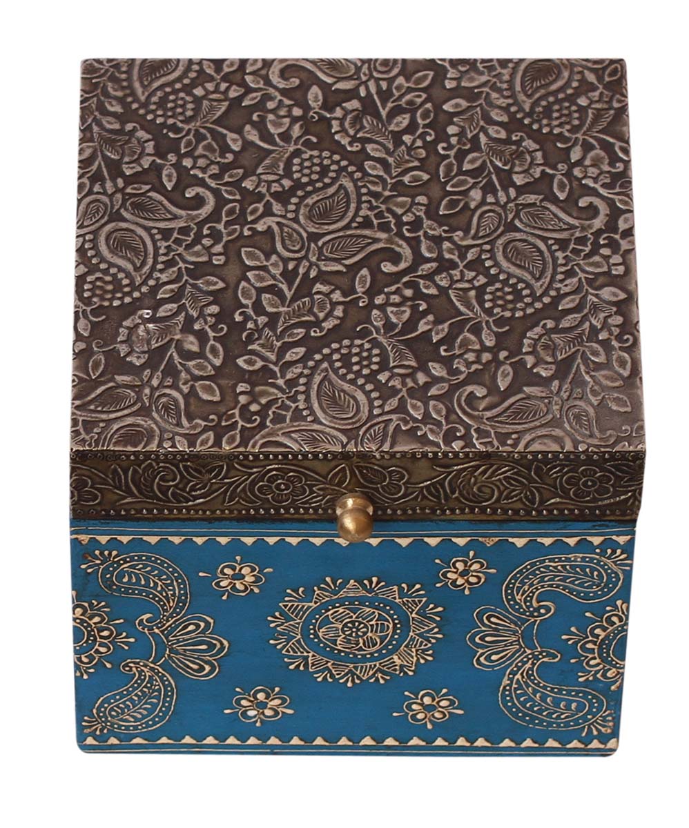 Wooden Jewelry Box in Bulk - Wholesale 6” Square Handmade Wood Burnish-Silver & Blue Colored Keepsake Box/Trinket Box Enhanced with Brass Sheet Old-World Motif Embossing and Cone-Painting Art from India