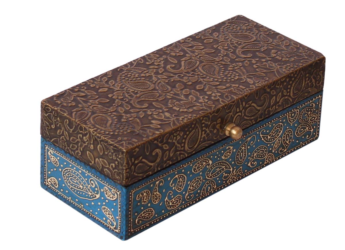 Wholesale Wooden Jewelry Box - Bulk Buy 8x3.5” Handmade Wood Golden & Blue Keepsake Box/Trinket Box with Brass Sheet Old-World Motif Embossing and Cone-Painting Art from India