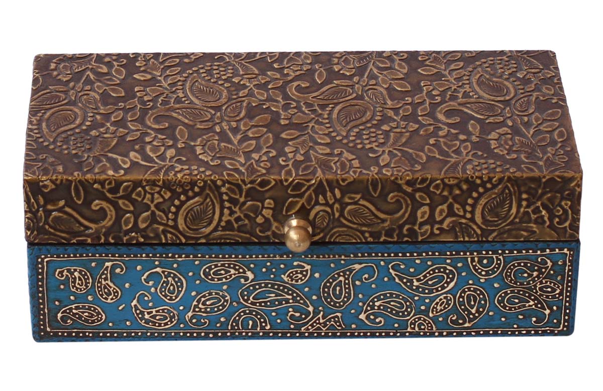 Wholesale Wooden Jewelry Box - Bulk Buy 8x3.5” Handmade Wood Golden & Blue Keepsake Box/Trinket Box with Brass Sheet Old-World Motif Embossing and Cone-Painting Art from India