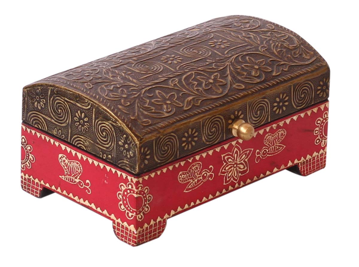 Trunk Shaped Wooden Jewelry Box in Bulk - Wholesale 6x4” Handmade Keepsake Box/Trinket Box in Golden & Red Color Decorated with Brass Sheet & Cone-Painting Art from India