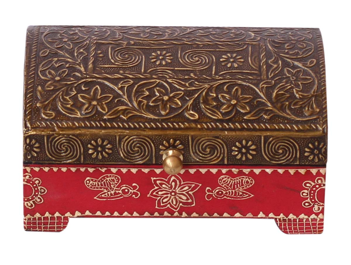 Trunk Shaped Wooden Jewelry Box in Bulk - Wholesale 6x4” Handmade Keepsake Box/Trinket Box in Golden & Red Color Decorated with Brass Sheet & Cone-Painting Art from India