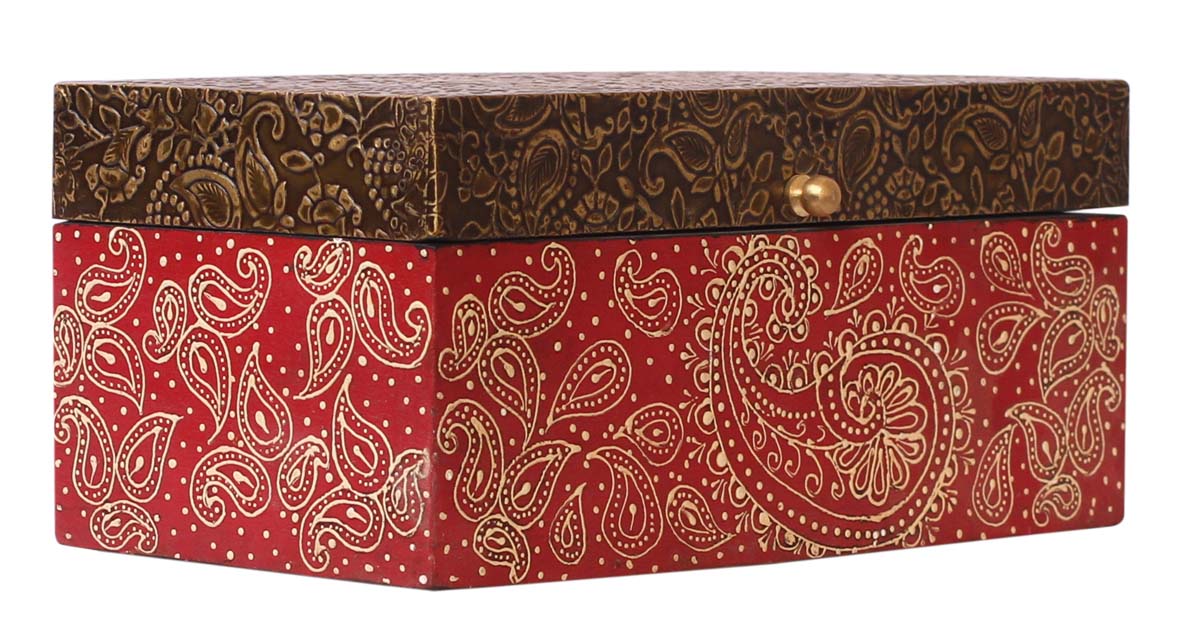 Wholesale 10x5” Wooden Jewelry Box - Bulk Buy Handmade Wood Decorative Floral Motifs Keepsake Box/Trinket Box - Hand Painted Red Cone Painting Art & Antique Look Golden-Tone Embossed Brass Sheet On Lid