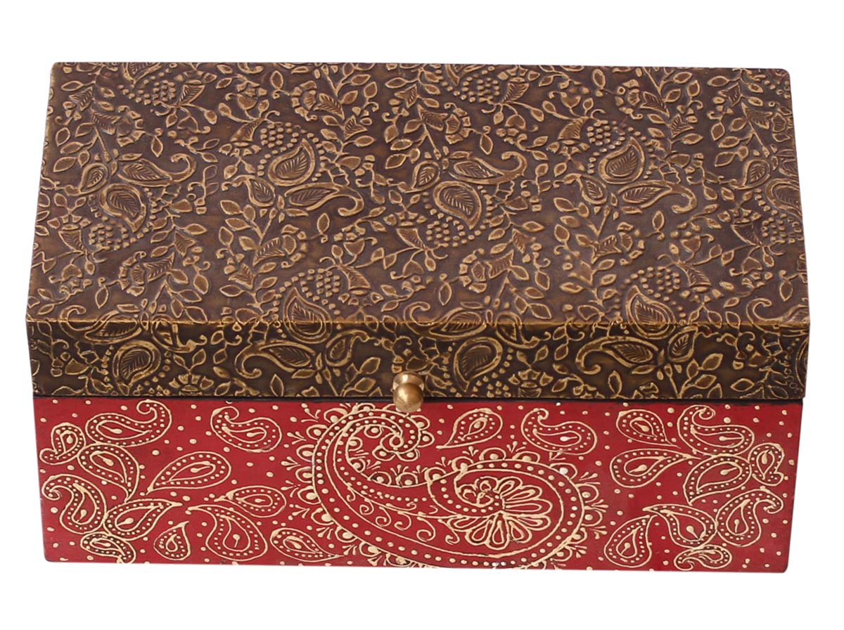 Wholesale 10x5” Wooden Jewelry Box - Bulk Buy Handmade Wood Decorative Floral Motifs Keepsake Box/Trinket Box - Hand Painted Red Cone Painting Art & Antique Look Golden-Tone Embossed Brass Sheet On Lid