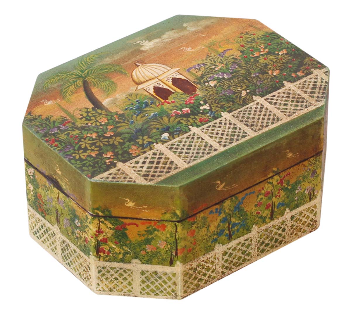 Source 10x8” Octagonal-Shaped Wood Jewelry Box in Bulk - Wholesale Handmade Green Keepsake Box/Trinket Box/Ring Box Decorated with Painting of Nature - Handmade Jewelry Box from India