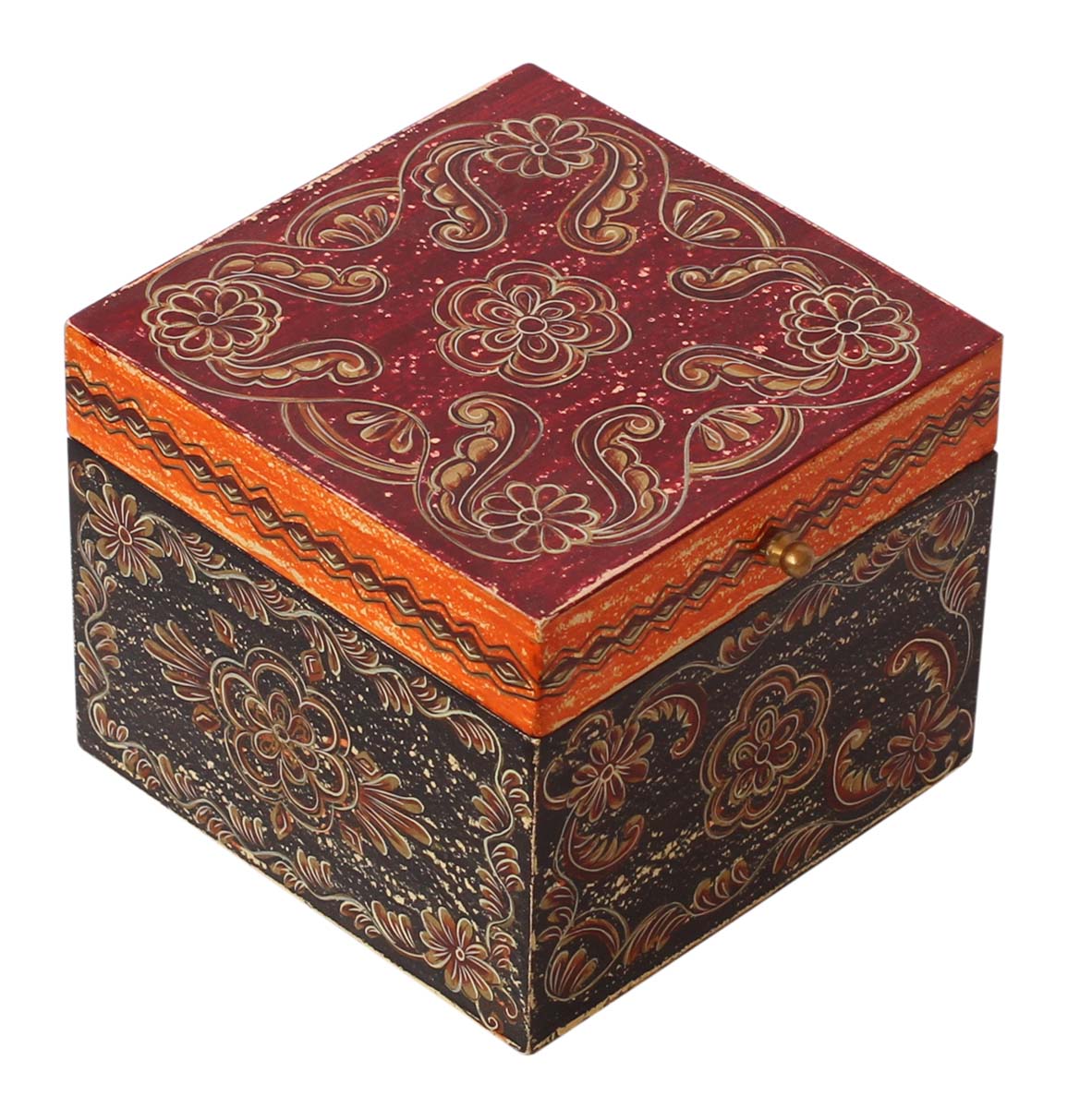 Bulk Buy Square Shaped Wooden Jewelry Box - Wholesale 6” Handmade Keepsake Box/Trinket Box in Maroon, Orange & Black Color Decorated with Cone - Painting Art in Bright Colors & a Metal Knob - Ethnic-Look Boxes from India