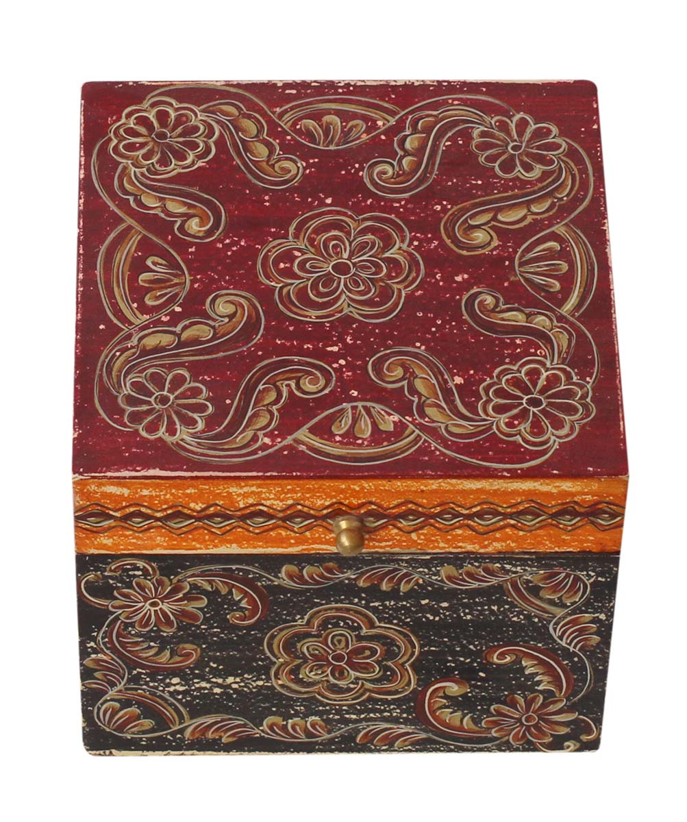 Bulk Buy Square Shaped Wooden Jewelry Box - Wholesale 6” Handmade Keepsake Box/Trinket Box in Maroon, Orange & Black Color Decorated with Cone - Painting Art in Bright Colors & a Metal Knob - Ethnic-Look Boxes from India
