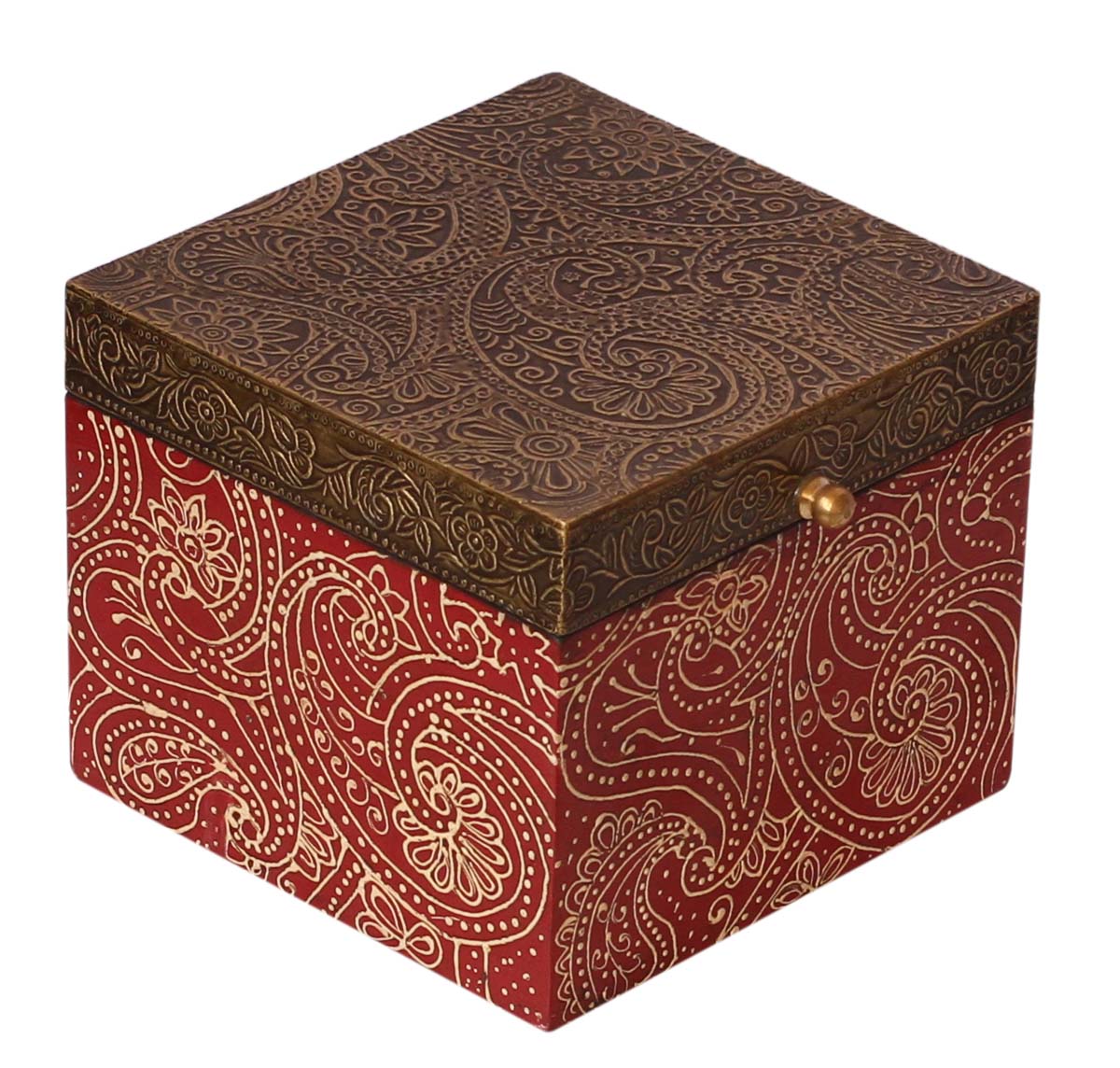 Wholesale 6” Wooden Jewelry Box - Bulk Buy Handmade Wood Decorative Floral Motifs Keepsake Box/Trinket Box - Hand Painted Red Cone Painting Art & Antique Look Golden-Tone Embossed Brass Sheet On Lid
