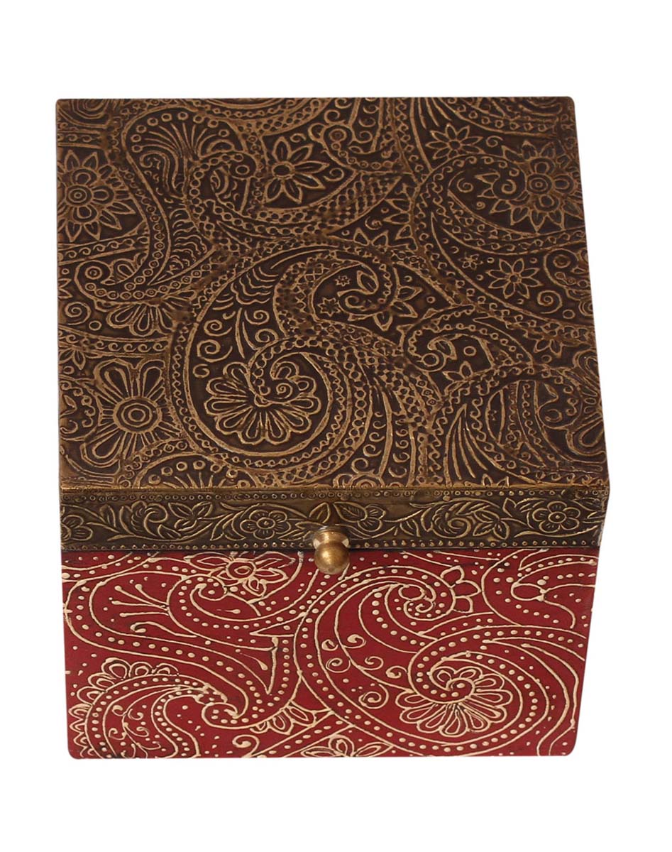 Wholesale 6” Wooden Jewelry Box - Bulk Buy Handmade Wood Decorative Floral Motifs Keepsake Box/Trinket Box - Hand Painted Red Cone Painting Art & Antique Look Golden-Tone Embossed Brass Sheet On Lid