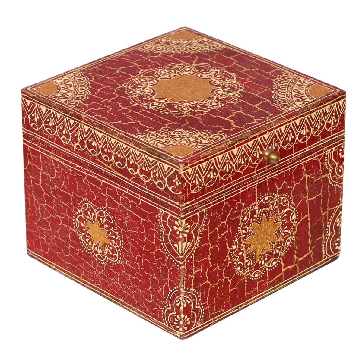 Bulk Buy Square Shaped Wooden Jewelry Box - Wholesale 6” Handmade Keepsake Box/Trinket Box in Red & Golden Color Decorated with Traditional-Look Motifs, Crackled-Effects & a Metal Knob - Ethnic-Look Boxes from India