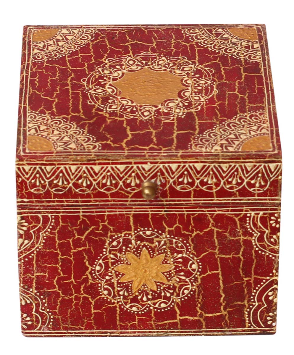 Bulk Buy Square Shaped Wooden Jewelry Box - Wholesale 6” Handmade Keepsake Box/Trinket Box in Red & Golden Color Decorated with Traditional-Look Motifs, Crackled-Effects & a Metal Knob - Ethnic-Look Boxes from India