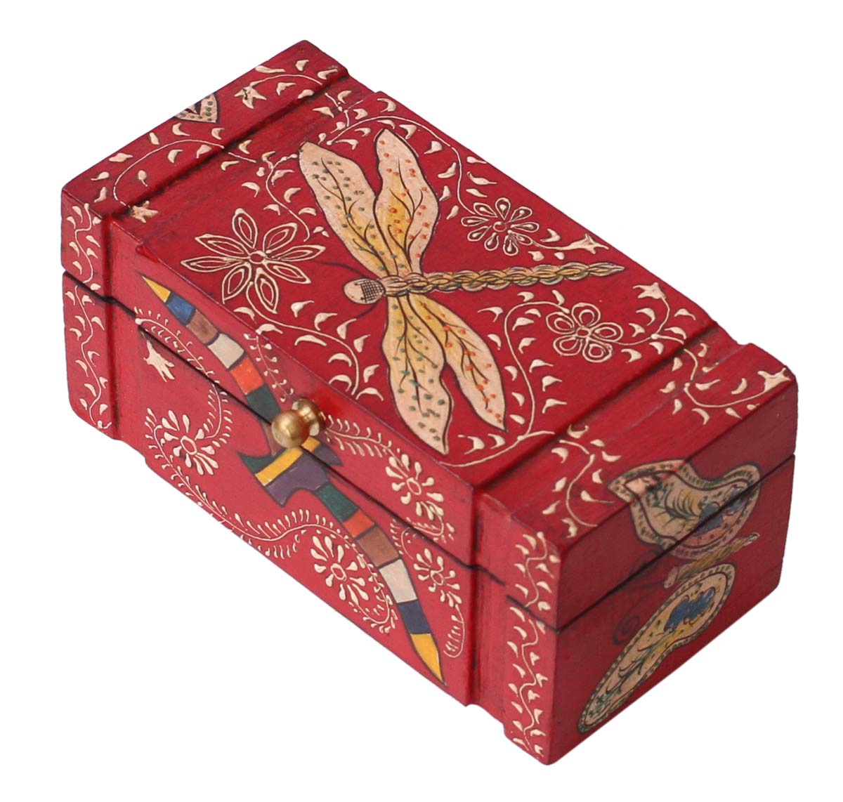 Source 7x3.5” Wooden Jewelry Box in Bulk - Wholesale Handmade Keepsake Box/Trinket Box in Red Color Decorated with Painting of Traditional-Look Motifs, Birds & Flies - Ethnic-Look Boxes from India