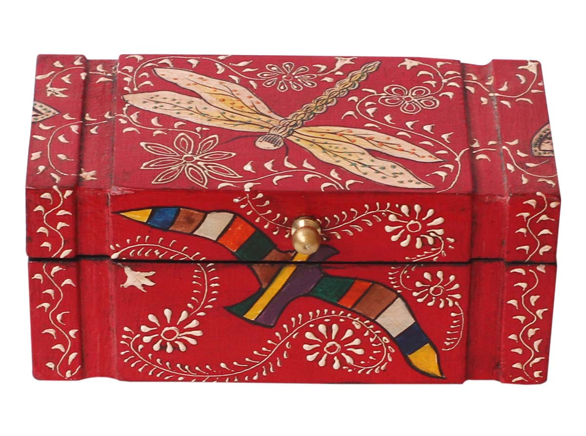 Source 7x3.5” Wooden Jewelry Box in Bulk - Wholesale Handmade Keepsake Box/Trinket Box in Red Color Decorated with Painting of Traditional-Look Motifs, Birds & Flies - Ethnic-Look Boxes from India