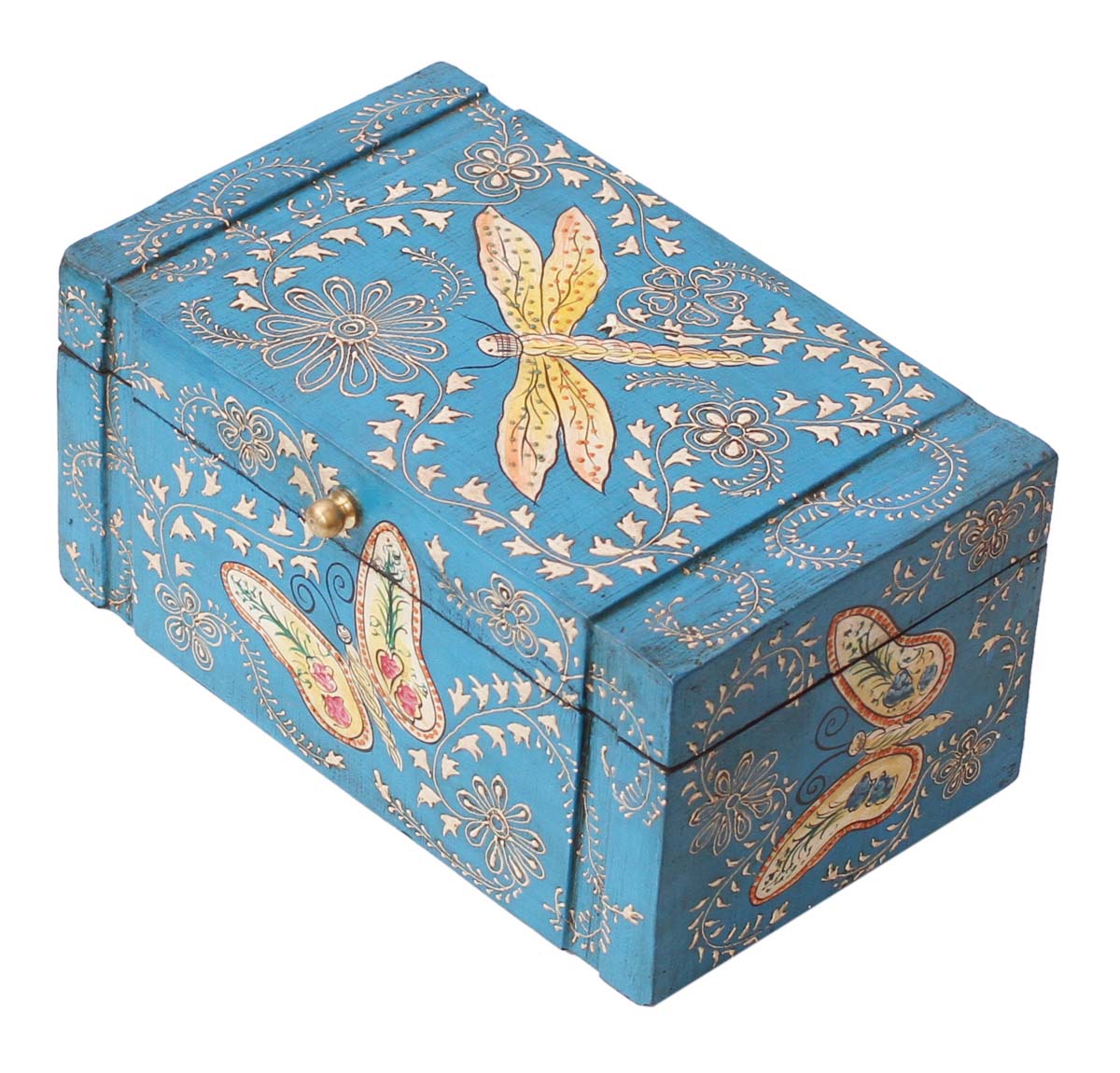 Wholesale 9x5.5” Wooden Jewelry Box in Bulk - Source Handmade Keepsake Box/Trinket Box in Blue Color Decorated with Painting of Traditional-Look Motifs, Birds & Flies - Ethnic-Look Boxes from India