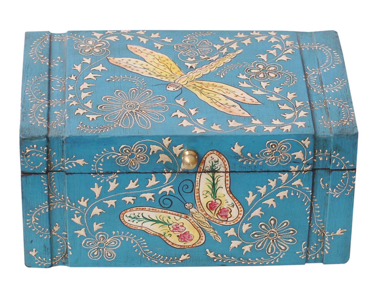 Wholesale 9x5.5” Wooden Jewelry Box in Bulk - Source Handmade Keepsake Box/Trinket Box in Blue Color Decorated with Painting of Traditional-Look Motifs, Birds & Flies - Ethnic-Look Boxes from India