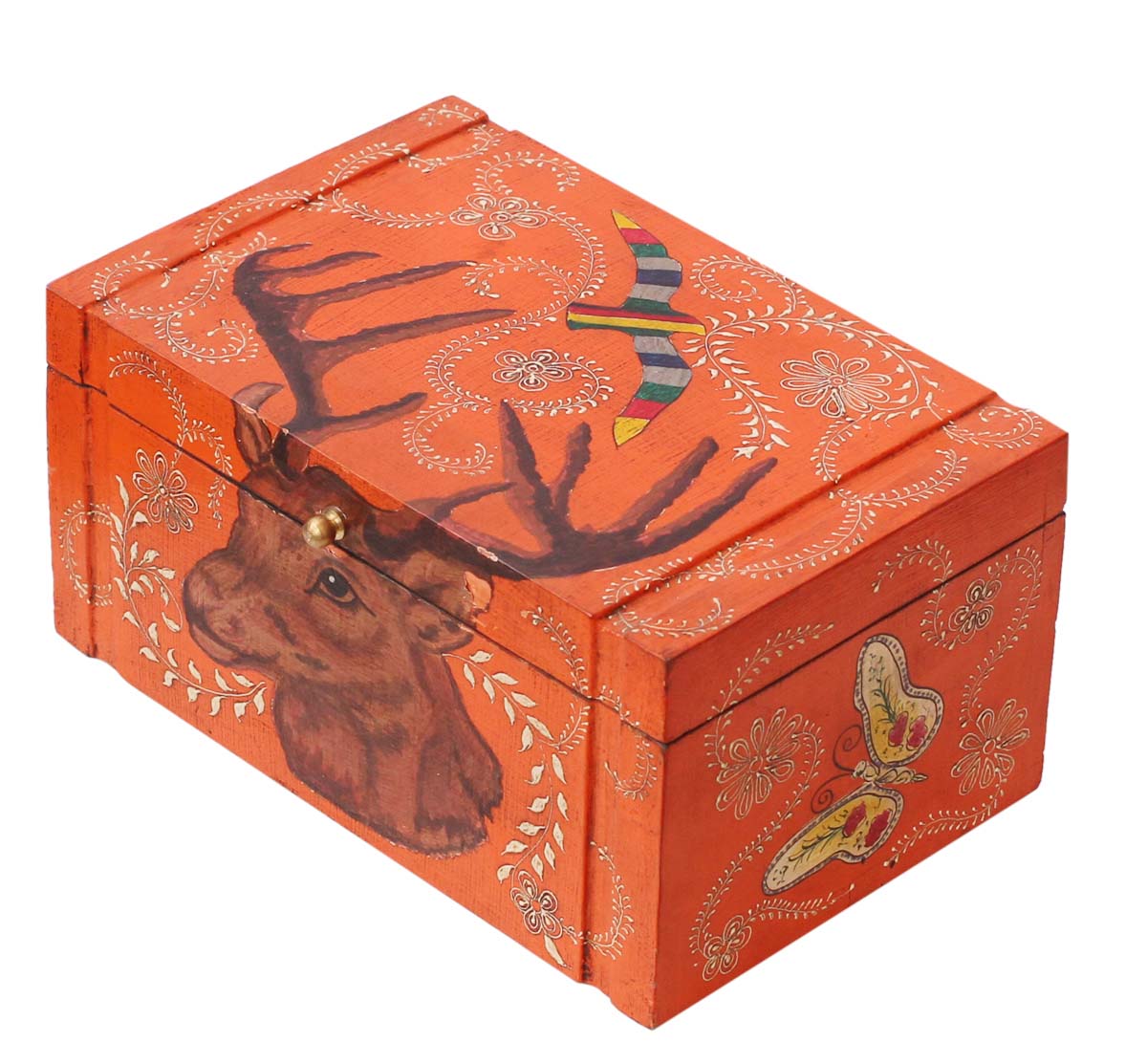 Source 10.5x7” Wooden Jewelry Box in Bulk - Wholesale Handmade Keepsake Box/Trinket Box in Orange Color Decorated with Painting of Traditional-Look Motifs, Birds & Antler - Ethnic-Look Boxes from India