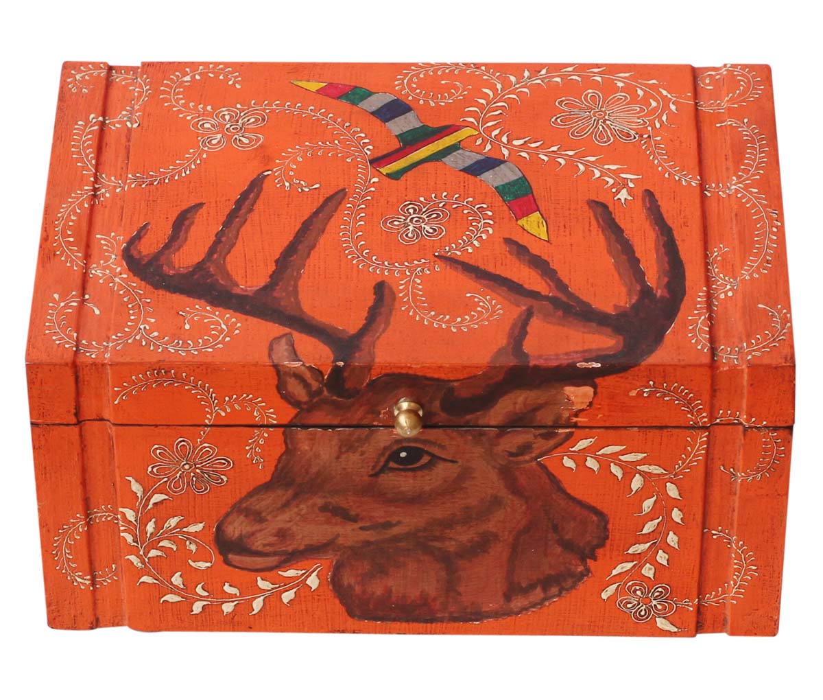 Source 10.5x7” Wooden Jewelry Box in Bulk - Wholesale Handmade Keepsake Box/Trinket Box in Orange Color Decorated with Painting of Traditional-Look Motifs, Birds & Antler - Ethnic-Look Boxes from India