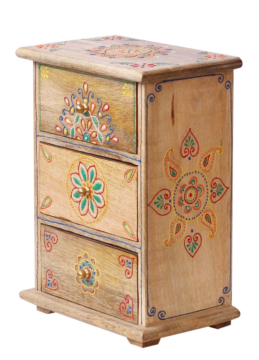 Bulk Source 11” Wooden Jewelry Box with 4 Chest Drawers in Bulk - Wholesale Handmade Keepsake Box/Trinket Box in Natural-Wood Color Decorated with Cone - Painting Art in Bright Colors & a Metal Knob - Ethnic-Look Boxes from India