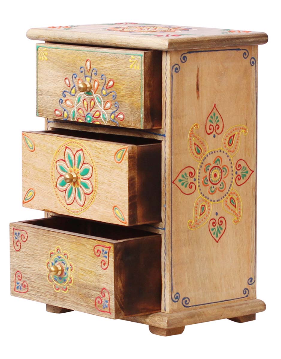 Bulk Source 11” Wooden Jewelry Box with 4 Chest Drawers in Bulk - Wholesale Handmade Keepsake Box/Trinket Box in Natural-Wood Color Decorated with Cone - Painting Art in Bright Colors & a Metal Knob - Ethnic-Look Boxes from India