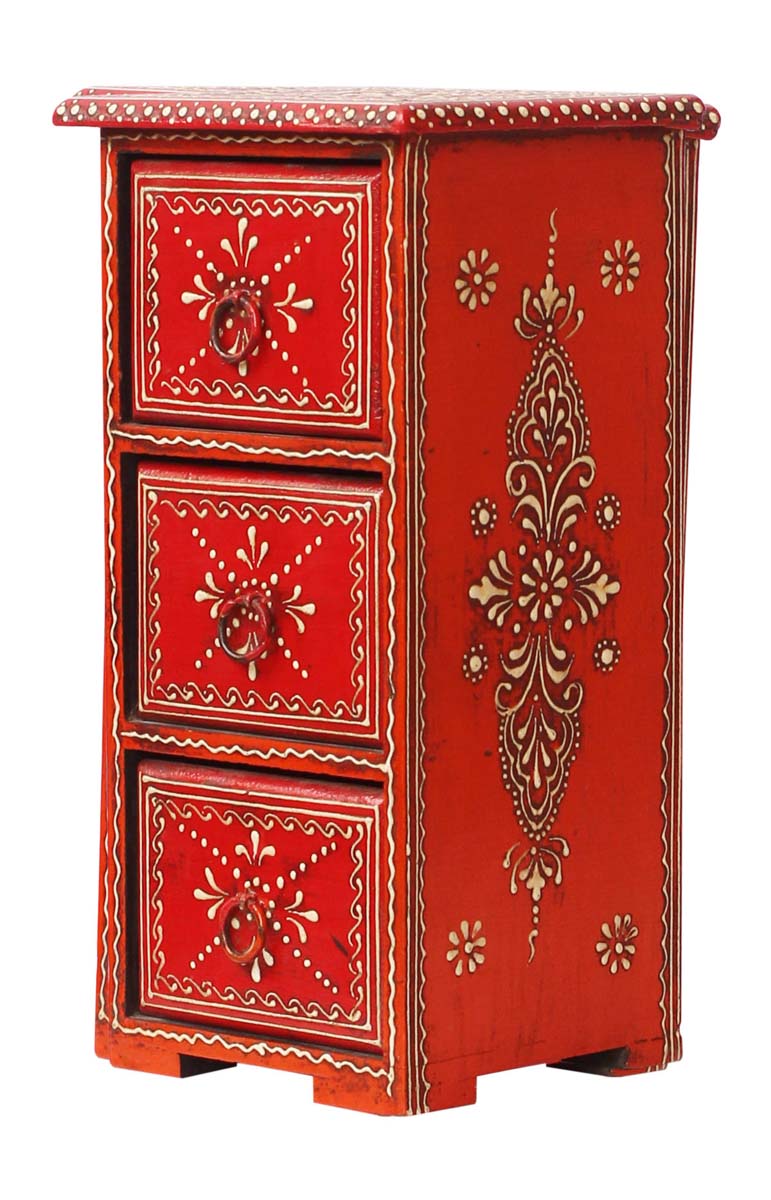 Bulk Source 11” Wooden Jewelry Box with 3 Chest Drawers in Bulk - Wholesale Handmade Keepsake Box/Trinket Box in Red Color Decorated with Cone - Painting Art in Bright Colors & a Metal Knob - Ethnic-Look Boxes from India