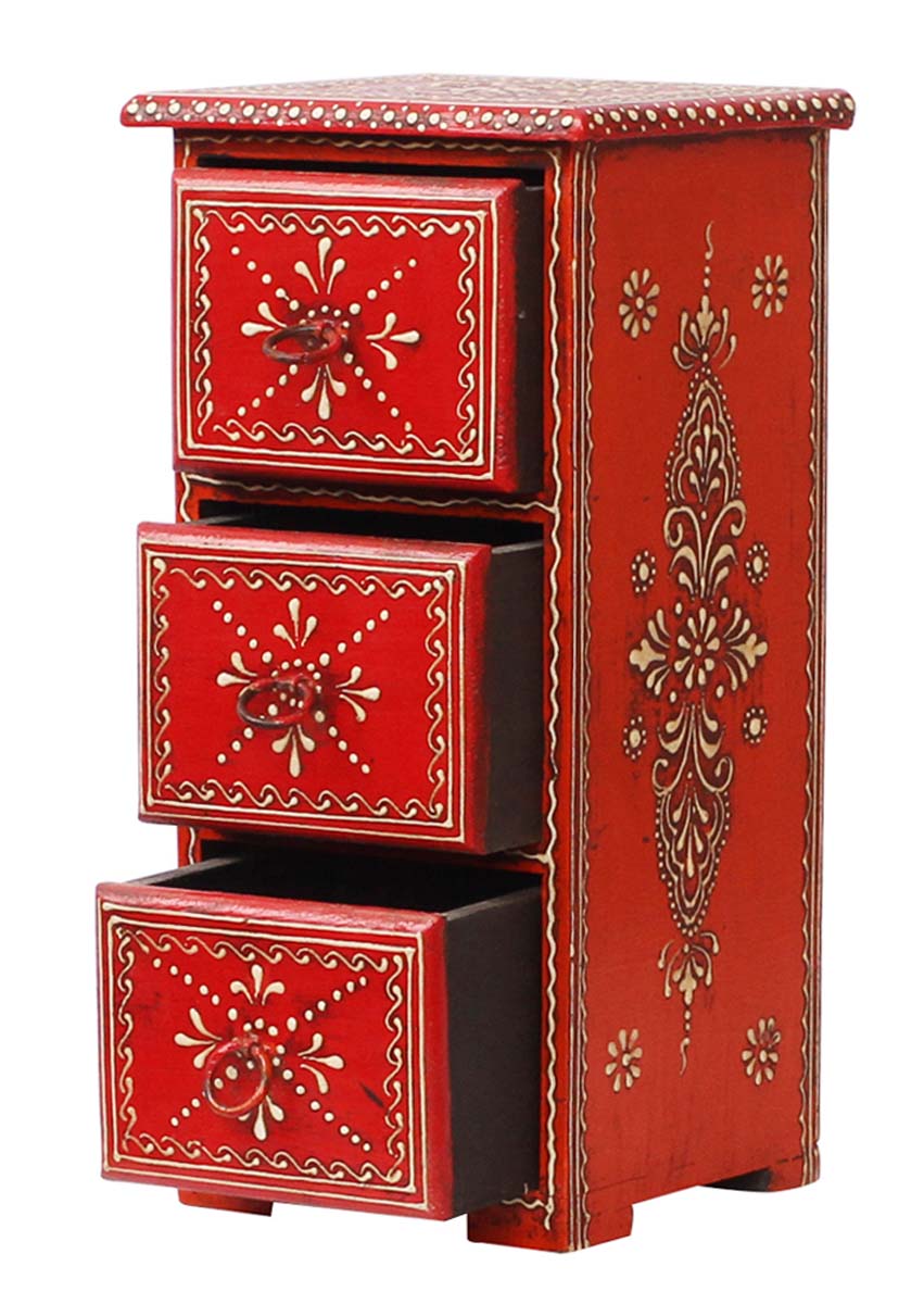 Bulk Source 11” Wooden Jewelry Box with 3 Chest Drawers in Bulk - Wholesale Handmade Keepsake Box/Trinket Box in Red Color Decorated with Cone - Painting Art in Bright Colors & a Metal Knob - Ethnic-Look Boxes from India
