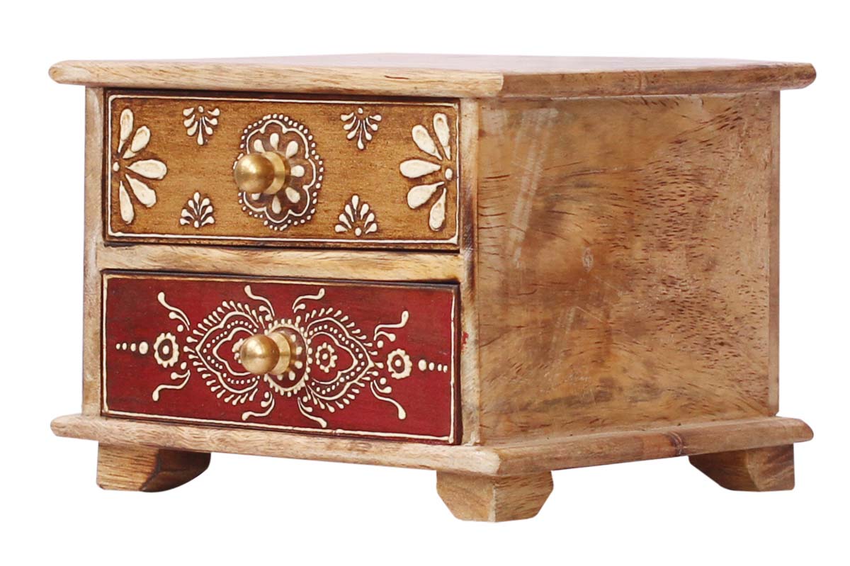 Wholesale 6x 5” 2 Chest Drawers Jewelry Box in Bulk - Handmade Natural Wood Color Jewelry Box/Trinket Box/Keepsake Box with Old-World Cone Painting in Bright Colors & Metal Knobs from India