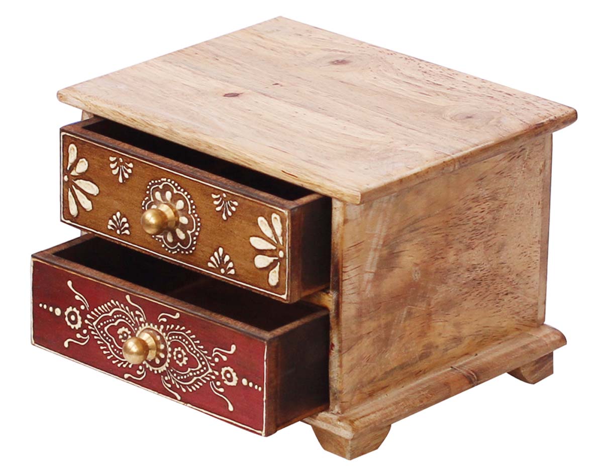Wholesale 6x 5” 2 Chest Drawers Jewelry Box in Bulk - Handmade Natural Wood Color Jewelry Box/Trinket Box/Keepsake Box with Old-World Cone Painting in Bright Colors & Metal Knobs from India