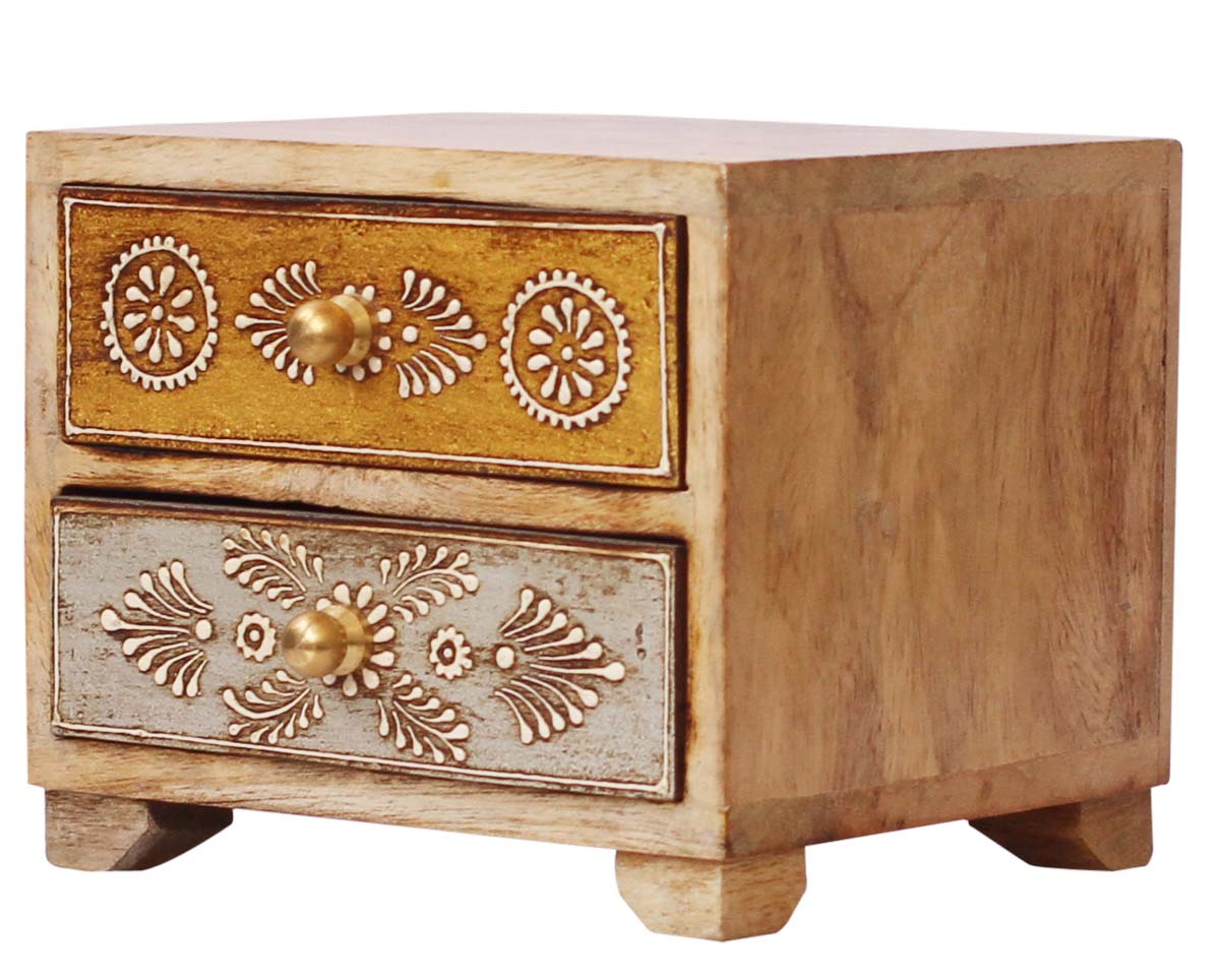 Wholesale 5x5.5” 2 Chest Drawers Jewelry Box in Bulk - Handmade Natural Wood Color Jewelry Box/Trinket Box/Keepsake Box with Old-World Cone Painting in Bright Colors & Metal Knobs from India