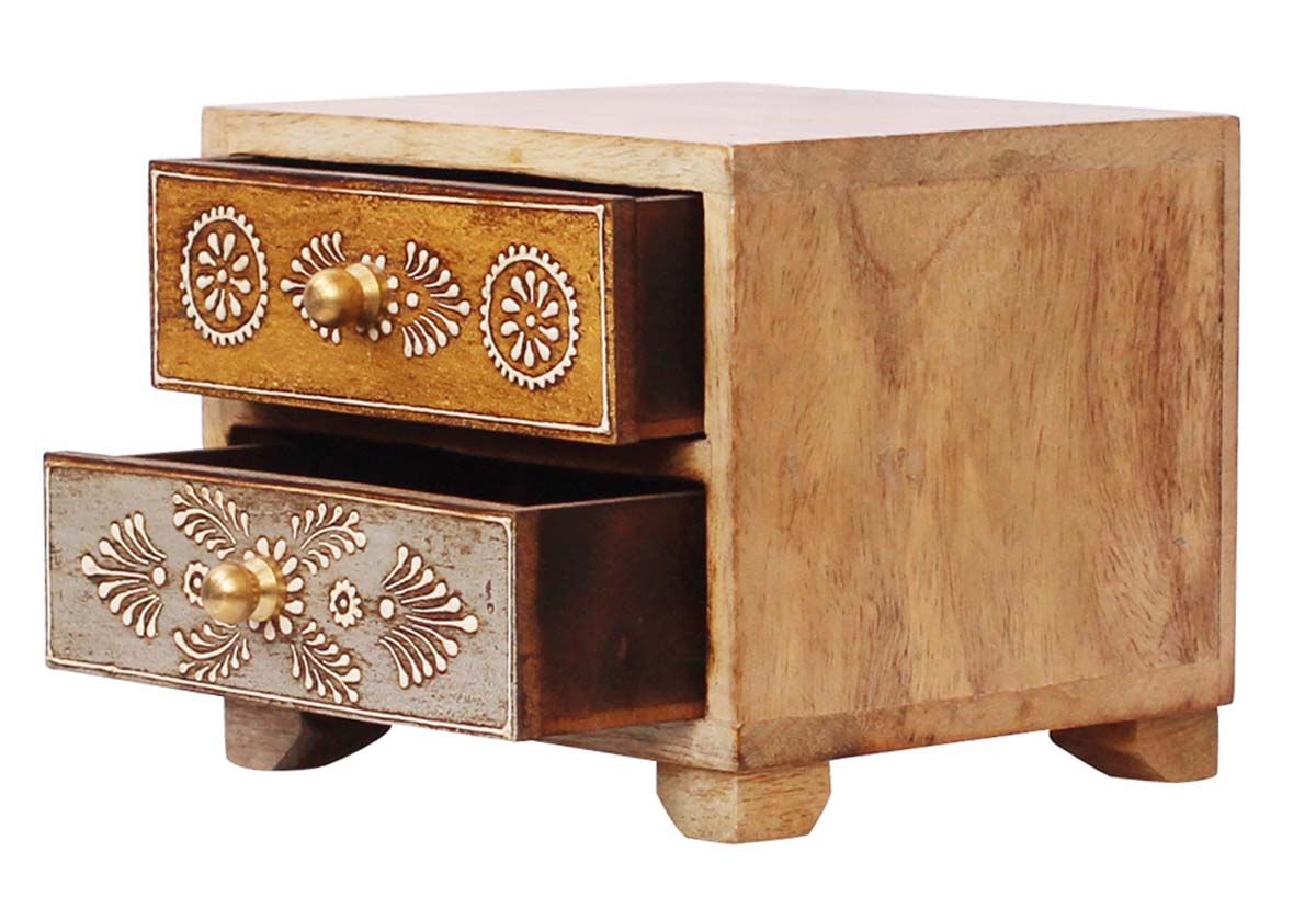 Wholesale 5x5.5” 2 Chest Drawers Jewelry Box in Bulk - Handmade Natural Wood Color Jewelry Box/Trinket Box/Keepsake Box with Old-World Cone Painting in Bright Colors & Metal Knobs from India